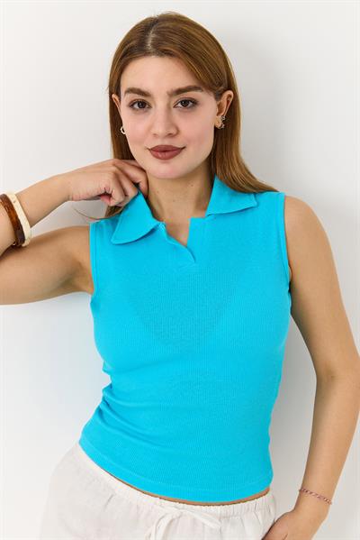 Sıfır Kol Polo Yaka Basıc Örme Kaşkorse Bluz Mavi