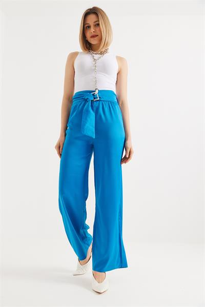Kemerli Yüksek Bel İspanyol Paça Pantolon Mavi