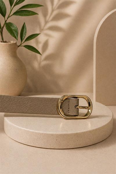 Gold Renk Oval Metal Tokalı Kadın Kemer Bej