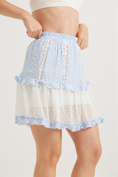 Pileli Çift Renk Bel Lastikli Etek Mavi