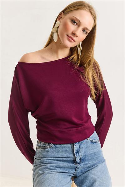 Kadın Beli Bantlı Yarasa Yumuşak Dokulu Bluz Bordo