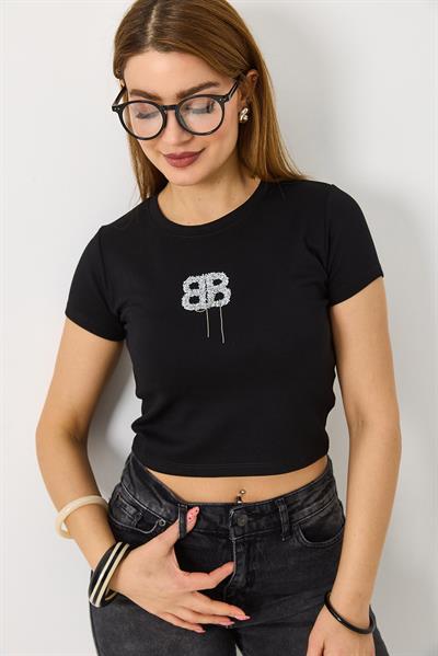 Kadın  Kısa Kollu Taşlı Crop Bluz Siyah
