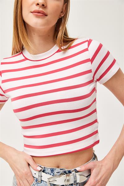 Çizgili Bisiklet Yaka Crop Bluz Pembe