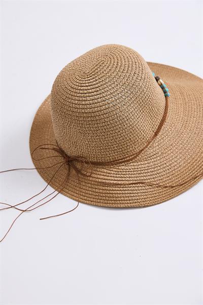Boncuk Detaylı Hasır Kadın Plaj Şapkası Vizon