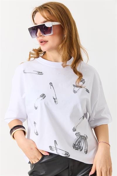 Kadın Ataş Baskılı Kısa Kollu Tshirt Beyaz