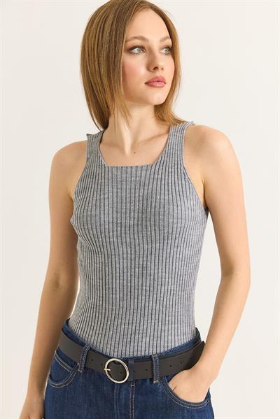 Kare Yaka Kalın Askılı Triko Atlet Bluz Gri