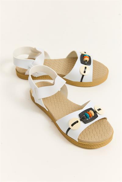 Tek Bantlı Aksesuarlı Sandalet Beyaz