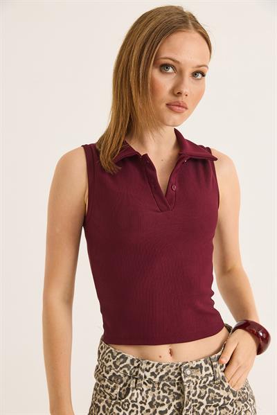 Yakalı Düğmeli Fitilli Crop Bluz Bordo