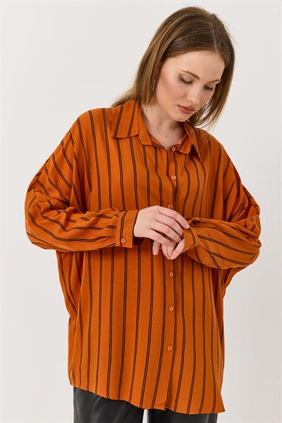 Kadın Çizgili Oversize Turuncu Gömlek