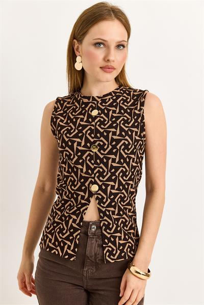 Bisiklet Yaka Gold Düğmeli Ottoman Fitilli Bluz Kahverengi Gold Desenli