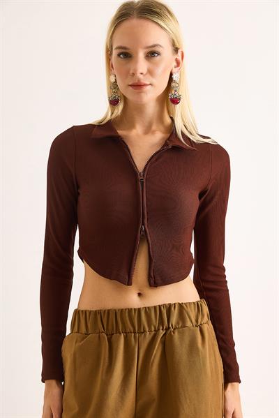 Kadın Polo Yaka Fermuarlı  Fitilli Kaşkorse Crop Kahverengi