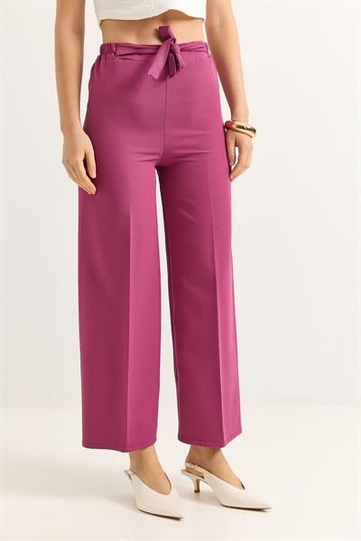 Bel Kuşaklı Bol Paça Krep Pantolon Pembe