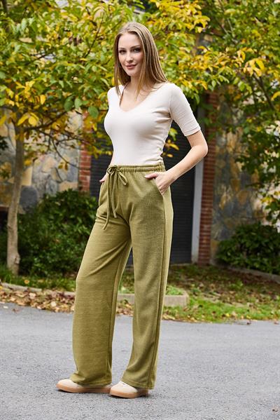 Kadın Selanik Yüksel Bel Esnek ve Dökümlü Triko Pantalon Yeşil