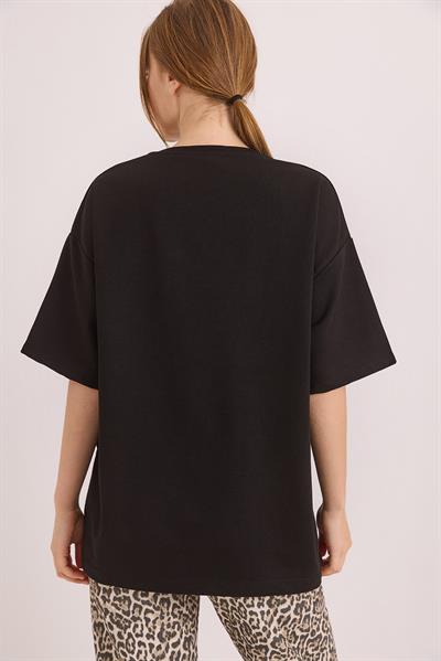 Mom Nakışlı Oversize İki İplik Tshirt Siyah