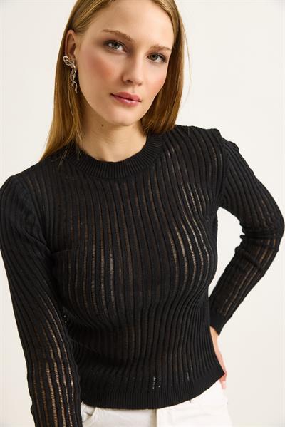 Bisiklet Yaka Triko Örme Bluz Siyah