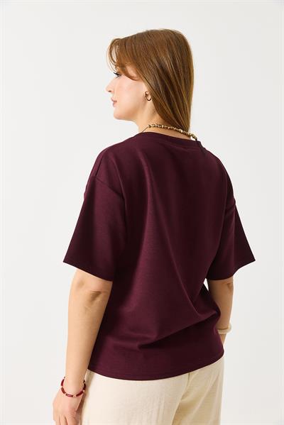 Kadın V Yaka Modal Kısa Kollu Tshirt  Bordo