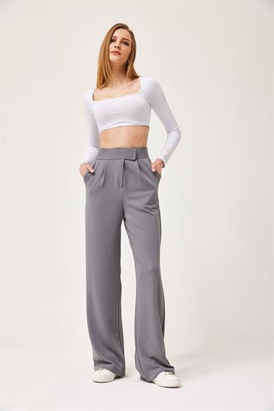 Beli Cırtlı Rahat Palazzo Pantolon Gri
