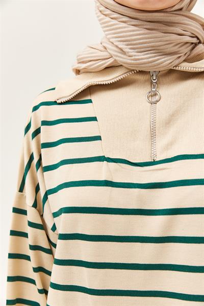 Yarım Fermuar Çizgili Uzun Elbise Yeşil