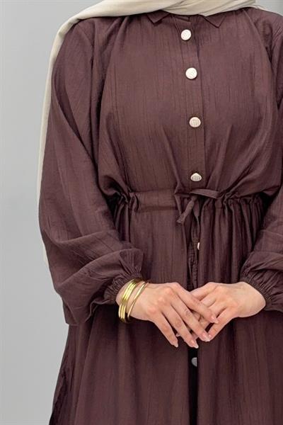Kadın Beli Tünelli Düğmeli Uzun Tunikli İkili Takım Kahverengi