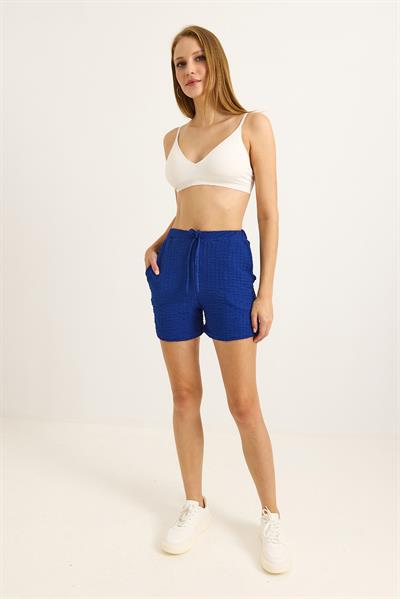 Gofre Kumaş Bel Lastikli Kadın Şort Saks