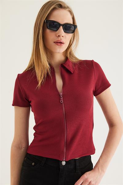 Polo Yaka Fermuarlı  Kaşkorse Bluz Bordo
