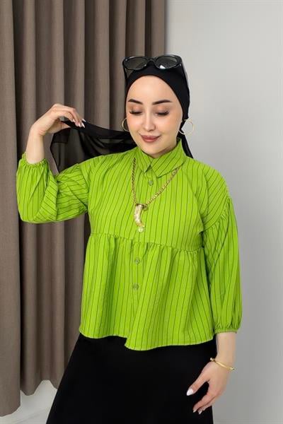 Kadın Çizgili Peplum Kesim Gömlek Bluz Yeşil