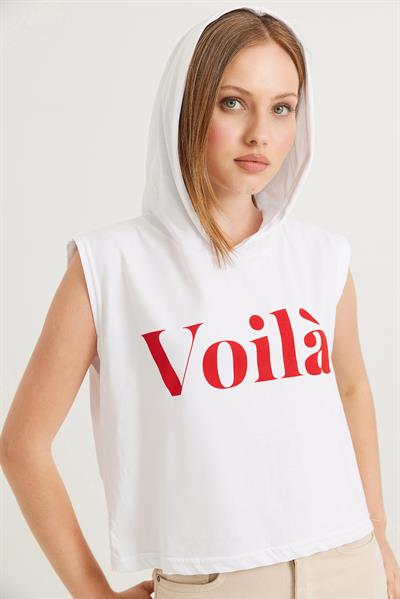 Kapüşonlu Sıfır Kol Baskılı Tshirt Beyaz