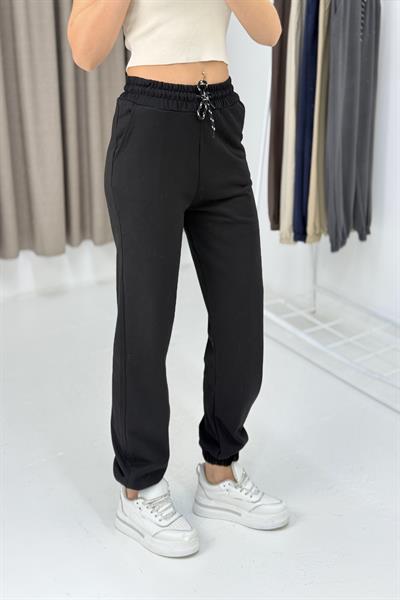 Kadın İki İplik Paçası Lastikli Eşofman Altı Siyah