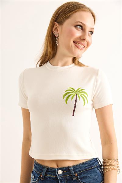 Bisiklet Yaka Kısa Kol Crop Bluz Krem