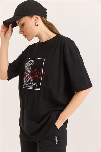 Baskı Nakış Detaylı Pamuk Süprem Rahat Kalıp Siyah Tshirt