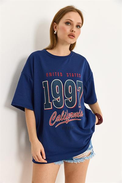 California Baskılı Oversize İki İplik Tshirt  Lacivert