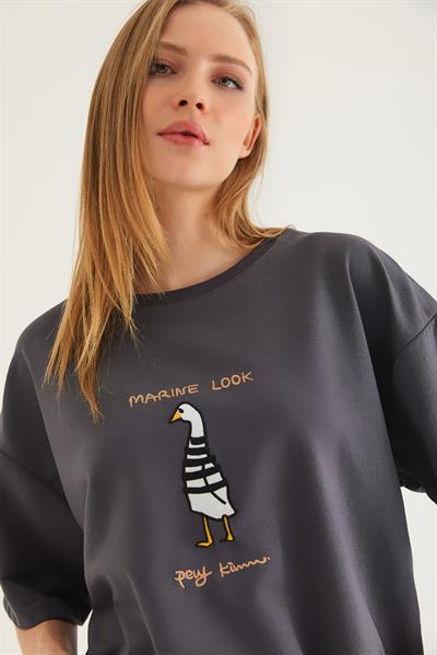 Bisiklet Yaka Oversize Baskılı Tshirt Füme