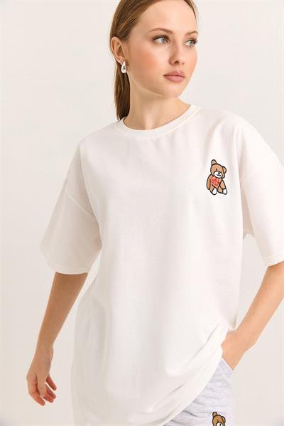Ayıcık Nakışlı Oversize İki İp Tshirt  Ekru