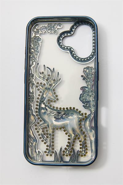 İphone 16 Uyumlu Geyik ve Çiçek Kabartmalı Kılıf Lacivert