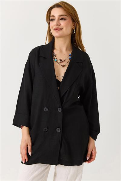 Kadın Kruvaze Yaka Oversize Blazer Ceket Siyah