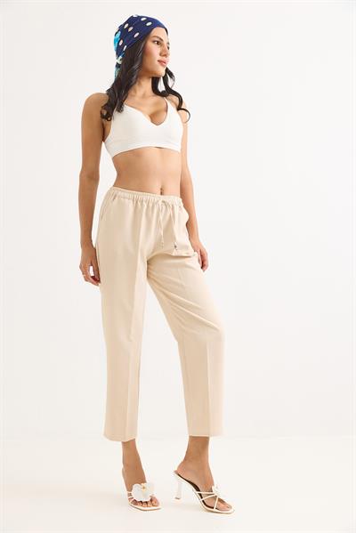 Beli Lastikli Kısa Paça Double Krep Pantolon Krem