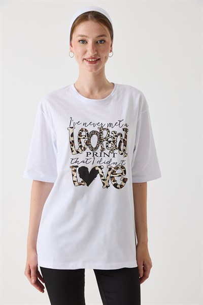 Kadın  Bisiklet Yaka Rahat Kesim Kısa Kol Tshirt Beyaz
