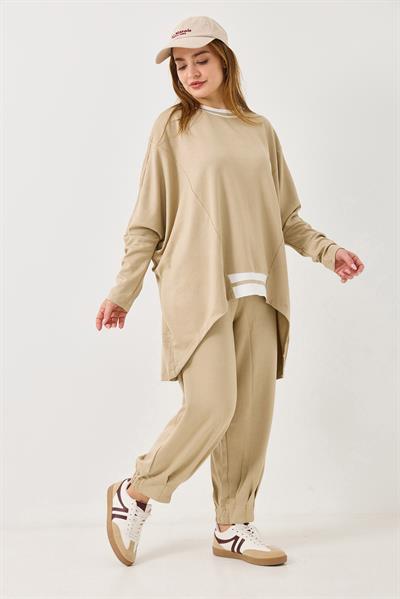 Kadın Beli Lastikli Dökümlü Model Oversize Eşofman Takım Bej