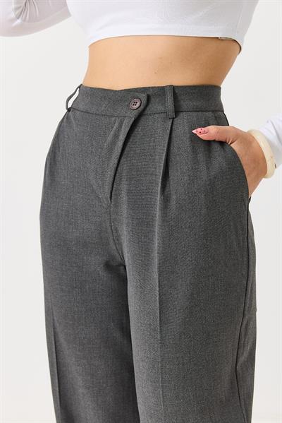 Kadın Çapraz Düğmeli Yüksek Bel Kumaş Pantolon Gri