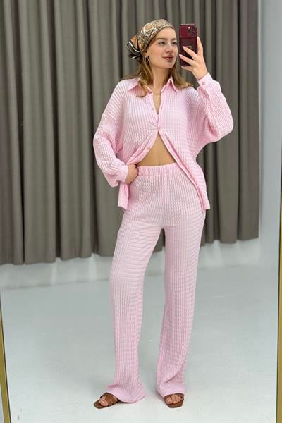 Kadın Bürümcük Gömlek Pantolon Takım Pembe