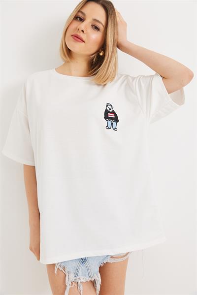 Nakışlı Bisiklet Yaka Tshirt Beyaz