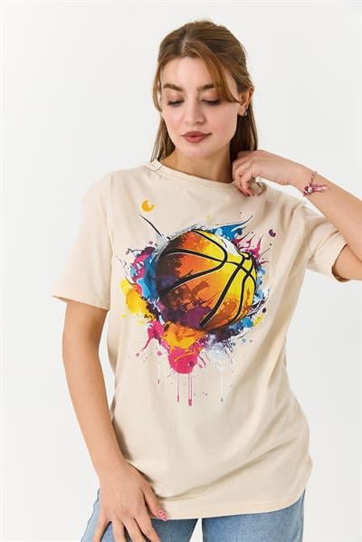 Kadın Basketbol Grafik Baskılı Günlük Tshirt  Krem