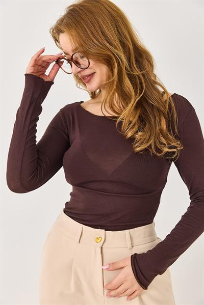 Kayık Yaka Kaşmir Uzun Kollu Bluz Kahverengi