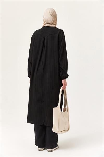 Keten Düğmeli Uzun Tesettür Tunik Siyah
