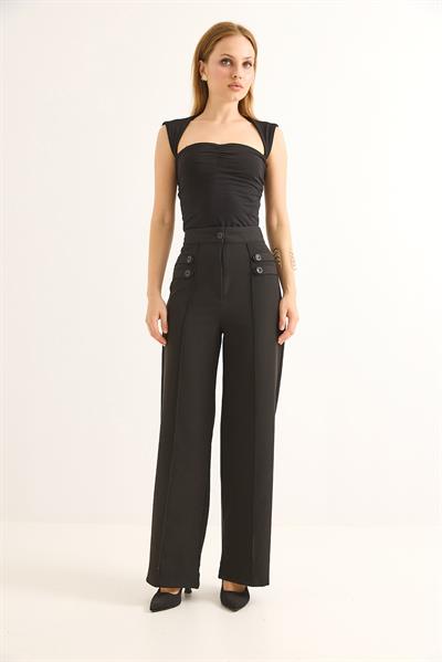 Düğme Detaylı Yüksel Bel Bol Paça Pantolon Siyah