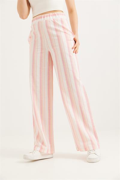 Beli Lastikli Rahat Kesim Keten Pantolon Pembe