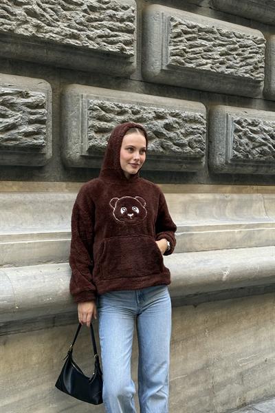 Kapüşonlu Nakış İşlemeli Peluş Sweatshirt  Kahverengi