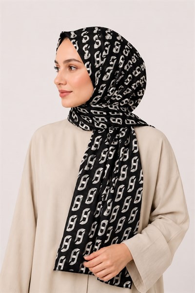 Kadın Monogram Desenli Fresh Şal Siyah/Beyaz