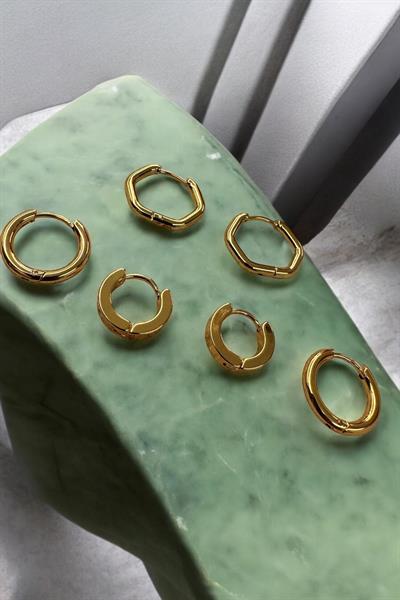 6 lı  Çelik Minimal Halka Üç Modelli  Gold Küpe