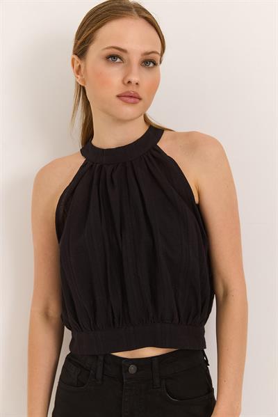 Halter Yakak Sırt Dekolteli Kuşaklı Dokuma Keten Bluz Siyah